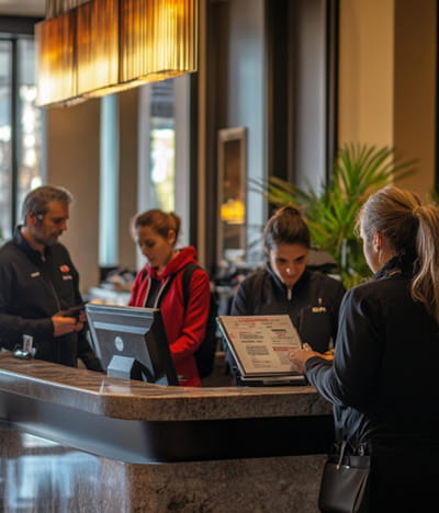 Housekeeping team member interacting with a digital brand-standards training interface